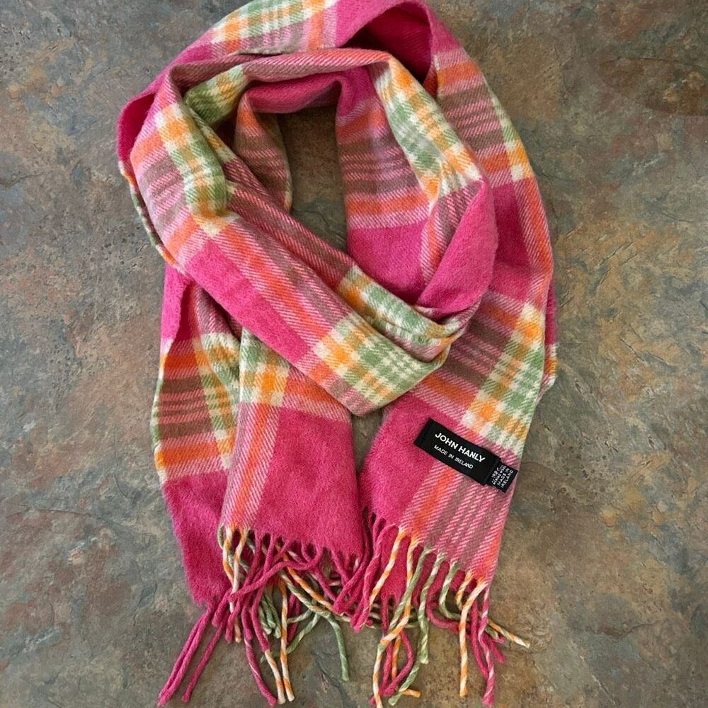 John Hanly Merino Wool Pink Orange Plaid Scarf. Unisex Ireland